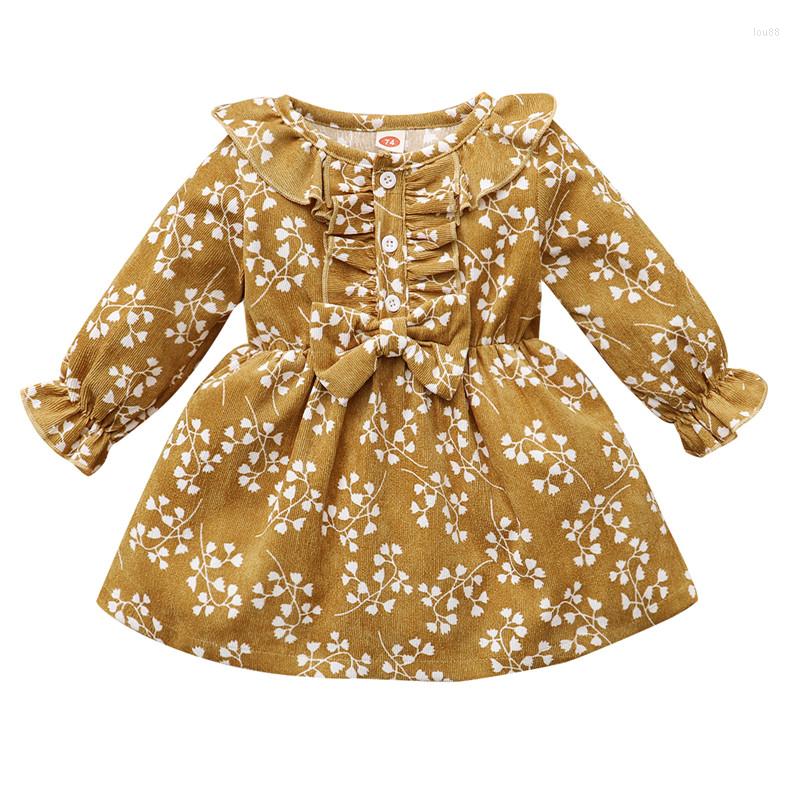 

Girl Dresses 0-24 Months Baby Girls Autumn Dress Floral Ruffled Round-Neck Long Sleeve Buttons For Yellow Leaves Midi, Picture shown