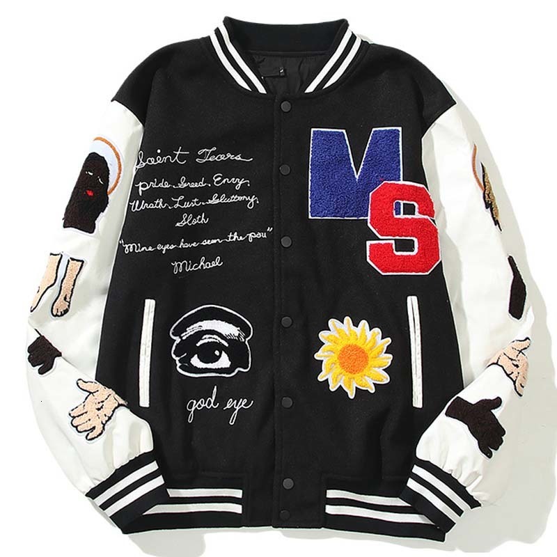 

Men's Jackets Men Sun Embroidery Varsity Jacket PU Leather Stitching Color Matching Baseball Uniform Couple Oversized Autumn Winter Streetwear 230213, Black