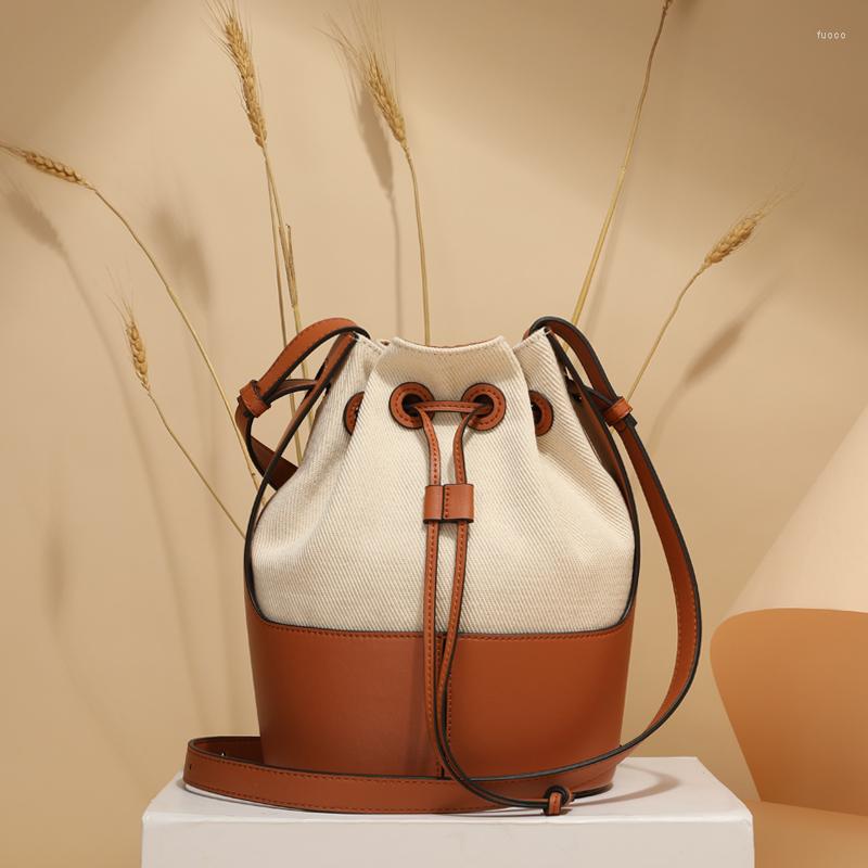 

Evening Bags 2023 Women's Canvas Drawstring Bucket Bag Niche Design Messenger Autumn Single Shoulder Straddle Matching Tote Two Sizes, Brown small