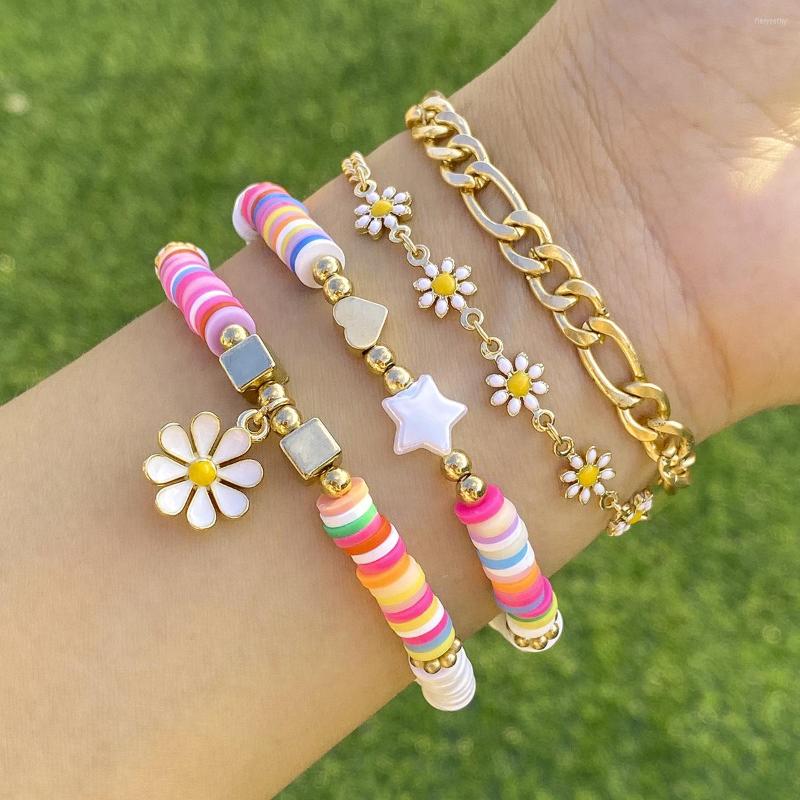 

Charm Bracelets 2023 Colorful Clay Flowers Stars Heart Chain For Women Aesthetics Sweet Suit Jewelry Pastoral Style Accessories