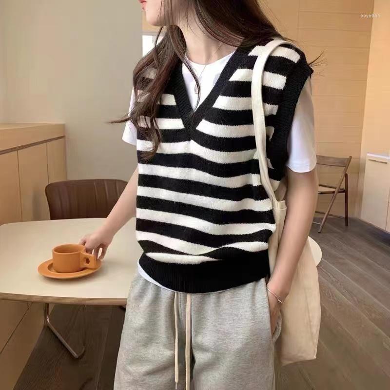 

Women's Vests LONGMING Knit Tops Women's Striped Sweater Vest Wool Knitwears Sleeveless Jackets V-neck Pullover Spring Clothing Korean, Black