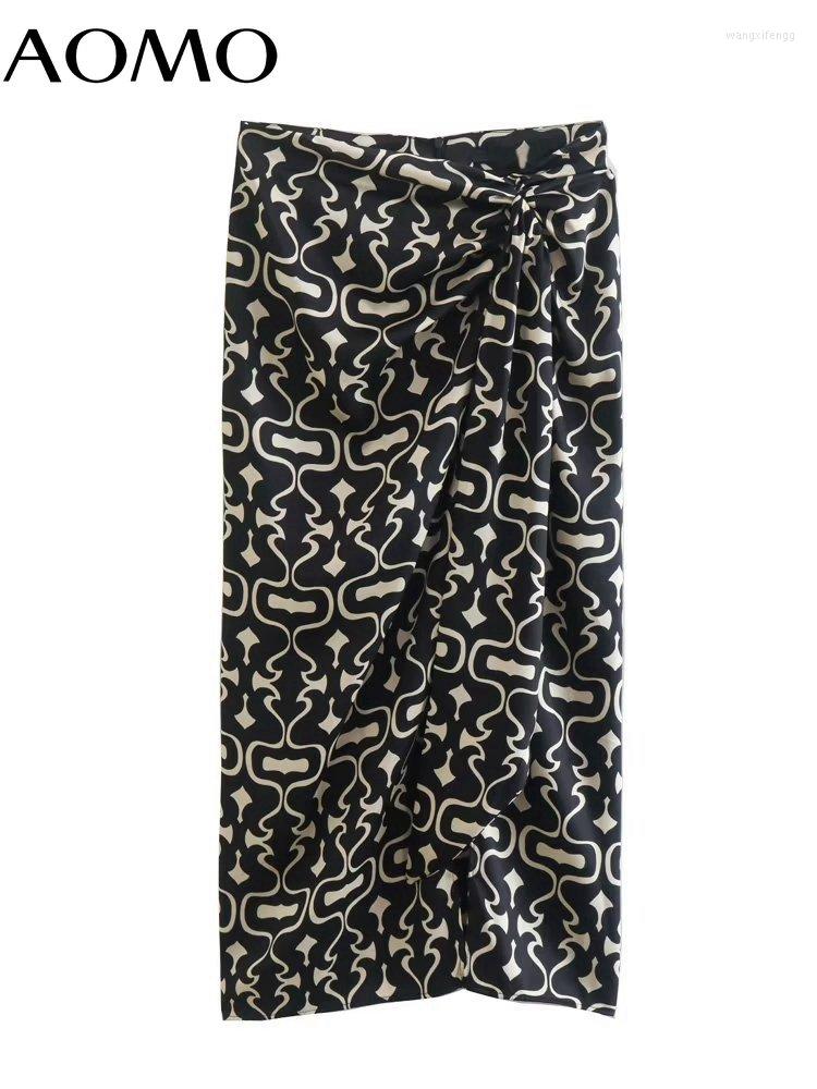 

Skirts AOMO Women Print Bow Midi Skirt Vintage High Waist Zipper Female 6X12A, Black