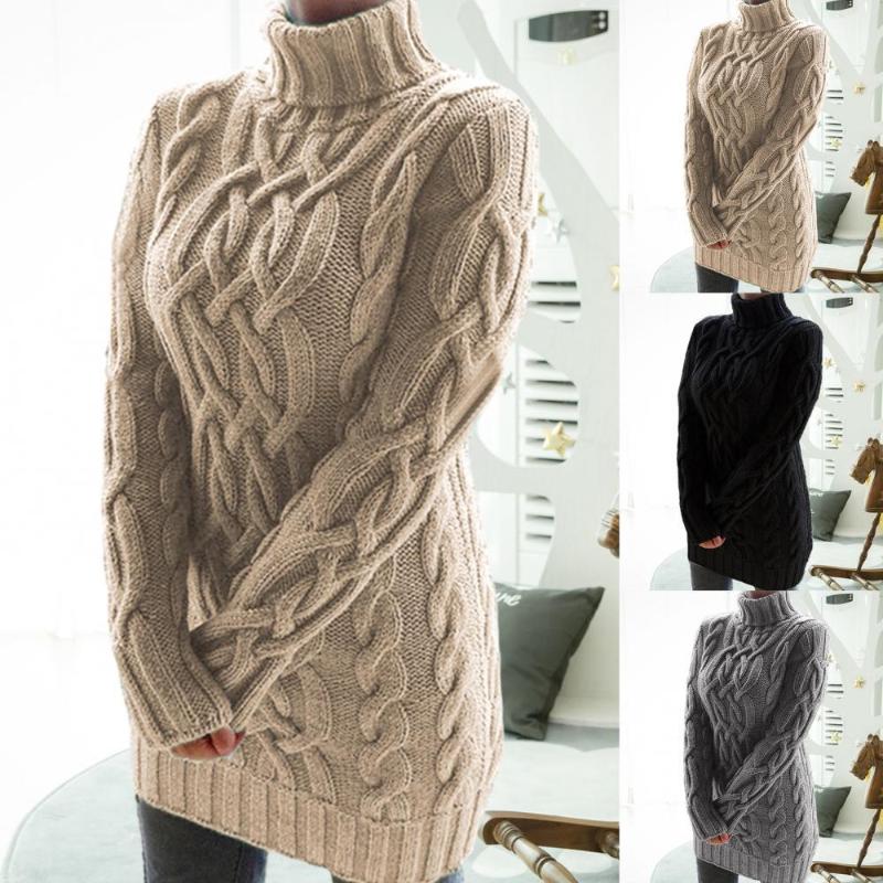 

Casual Dresses Drop Women Turtleneck Twist Knitted Long Sleeve Warm Sweater Autumn Winter Mini Dress, Black