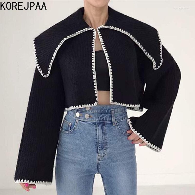 

Women's Knits Korejpaa Cropped Cardigan Women Contrast Color Sailor Collar Long Sleeve Solid Sweaters Knitwear Autumn Winter Vintage Woman, Black
