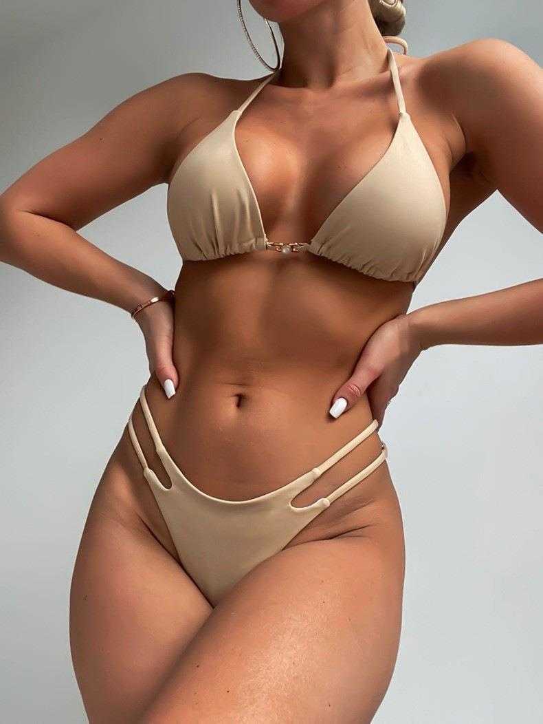 

Solid Color Push Up Hollow Bikini Sexy Side Three Point Split Swimsuit, Apricot