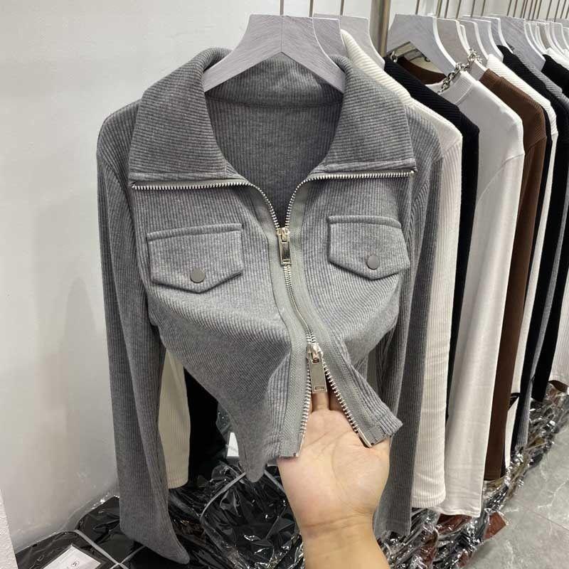 

Women' T Shirts ZCSMLL Lapel T-shirt Long-sleeved All-match Women' 2023 Spring Autumn Design Niche Cardigan Slim Bottoming Top Ins, Black