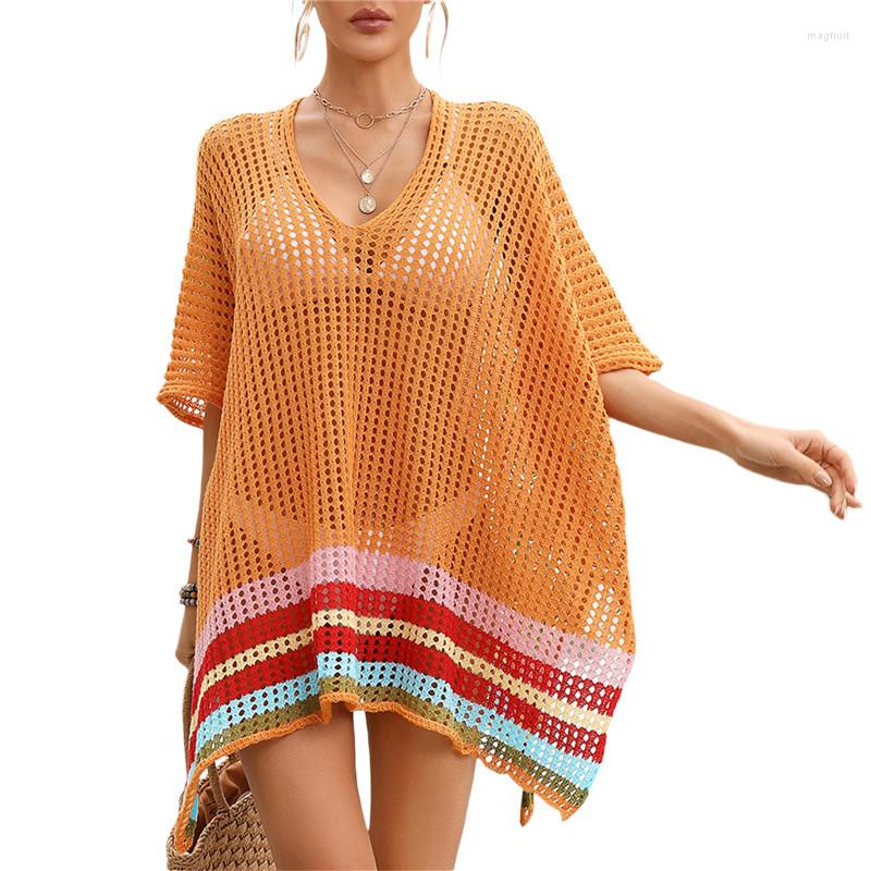 

Women's Swimwear Women Knit Bikini Cover-Ups Sexy Hollow-Out See-Through Colorful Stripe Hem V-Neck Short Sleeve Beach Sunscreen Blouse, White