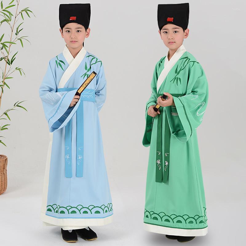 

Stage Wear Children Printing Bamboo Chinese Robe For Boy Traditional Dance Costume Male Ancient Student Clothing Handu Clothes Tang Outfit, Blue