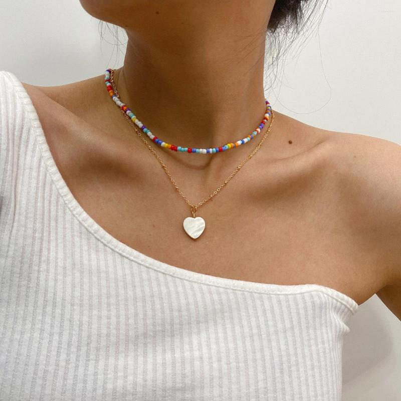 

Choker 2023 Bohemian Handmade Gold Color Heart Pendant Necklace Double Layers Colorful Beads Jewelry
