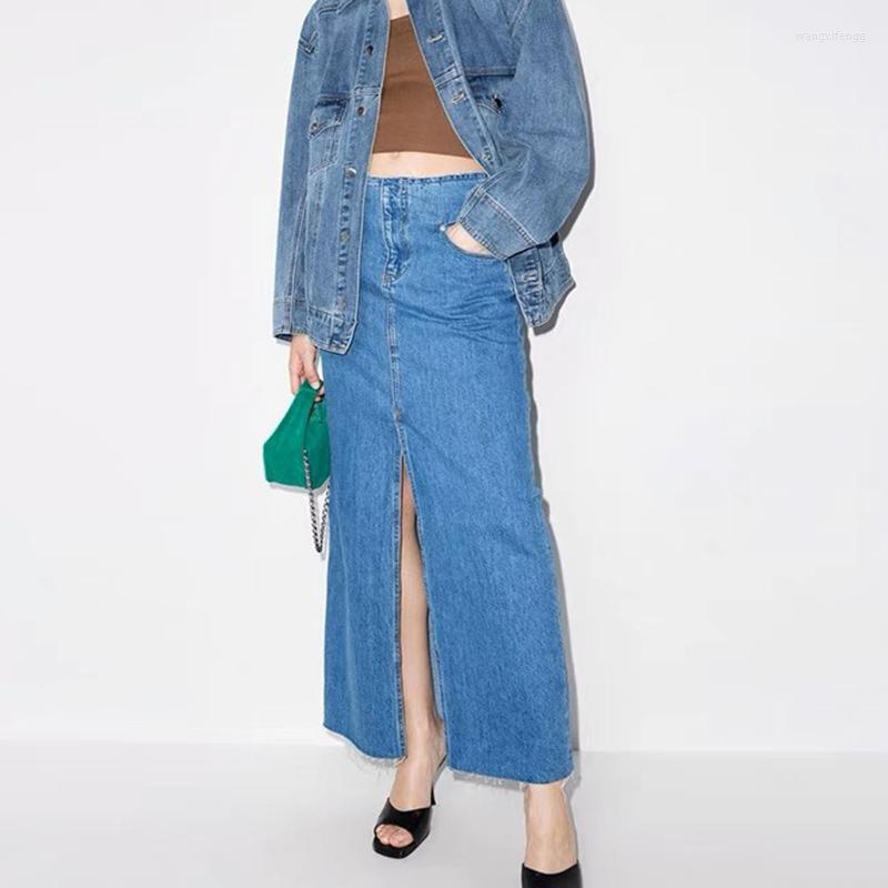 

Skirts 2023 Fashion Vintage Runway Cotton Denim Long Women Simple Versatile Front Slit High Waist Straight Skirt Senior Slim, Blue