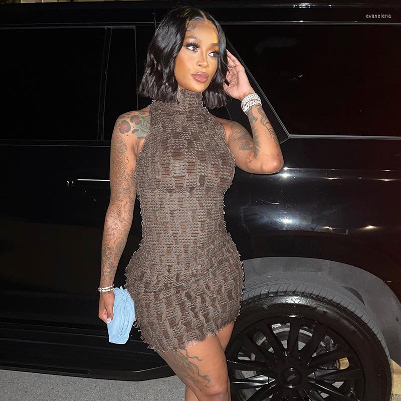 

Casual Dresses Mesh Tassel Puff Mini Dress Women Sexy Color Patchwork Turtleneck Sleeveless Bodycon Night Club Party Autumn Clothes, Dark brown