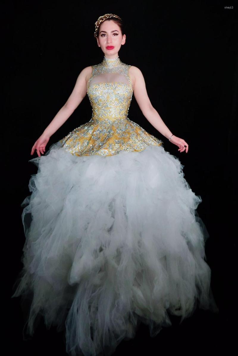 

Stage Wear Women Noble Sparkly Yellow Rhinestones Long Dress Birthday Prom Celebrate Nude White Mesh Tail Dresses Evening Outfit, Picture shown