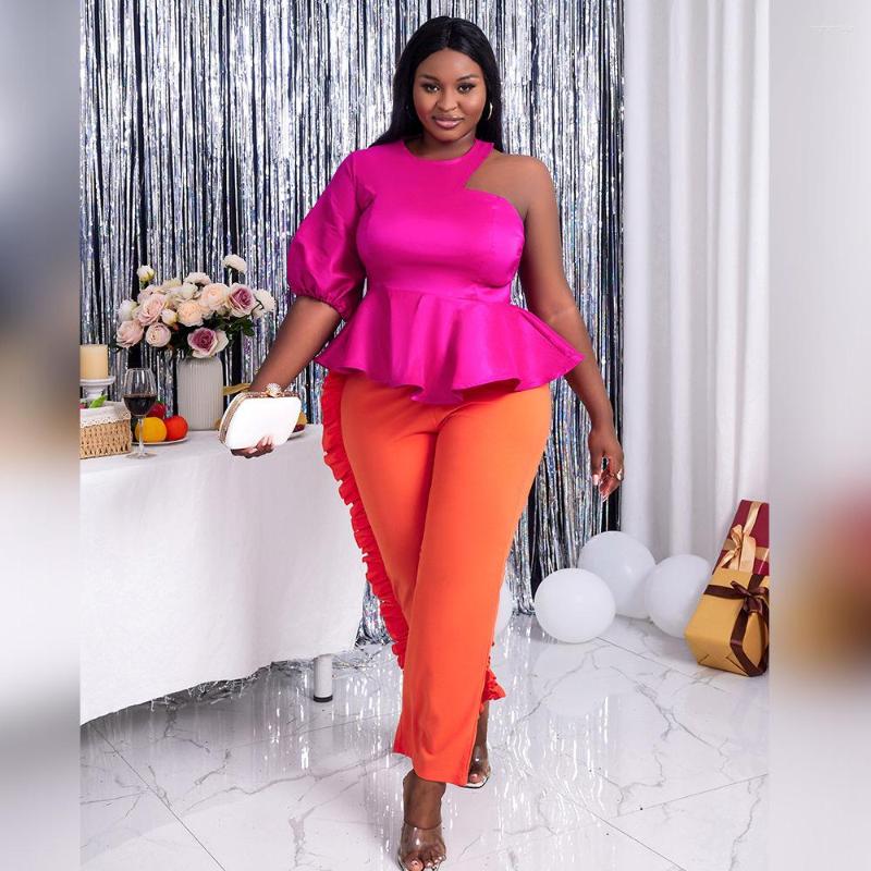 

Women's Two Piece Pants Set Women Backless One Shoulder Lantern Sleeve Tops Long Trousers Ruffle Fashion Office Ladies Suits Blouse, As shown in figure