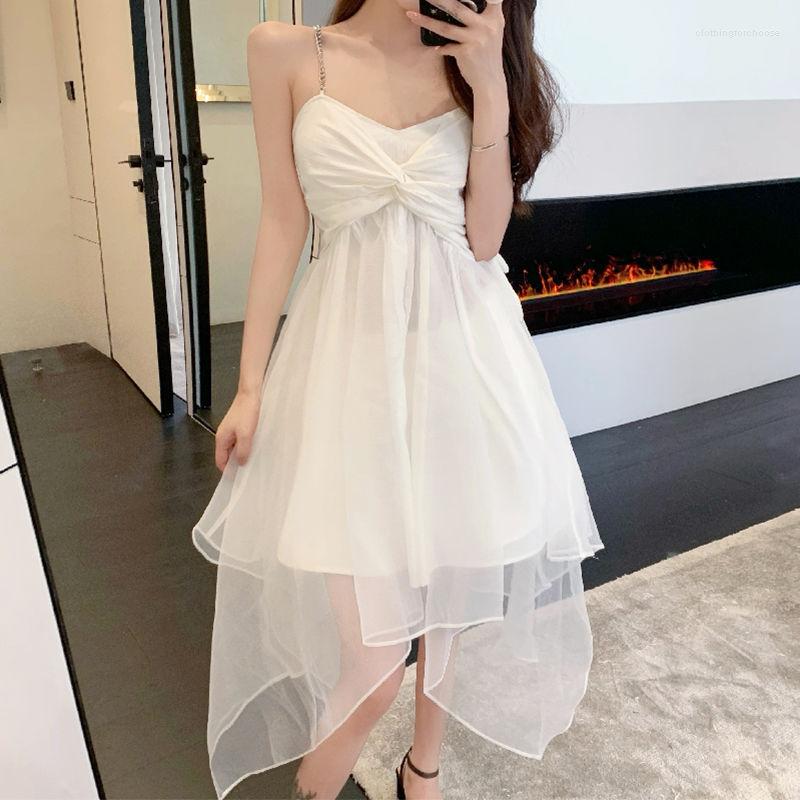 

Women's T Shirts Sleeveless Dresses Fashion Korean Sundress Summer Gauze Solid Sweet Sexy Ladies Simple Chic Elegant Ins, Black