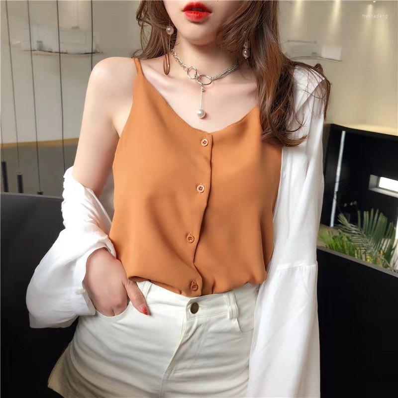 

Women's Tanks Herstory Casual Loose Buttons Top Tank Women 5Colors Sexy High Street Strap Chiffon Female T-Shirt All-match Soft Camis, Black