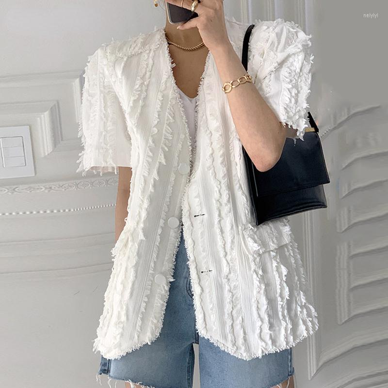 

Women' Jackets Casual Temperament V-neck Womens Jacket Single-breasted Tassel Design Loose All-match Short Sleeve Cardigan Top, White