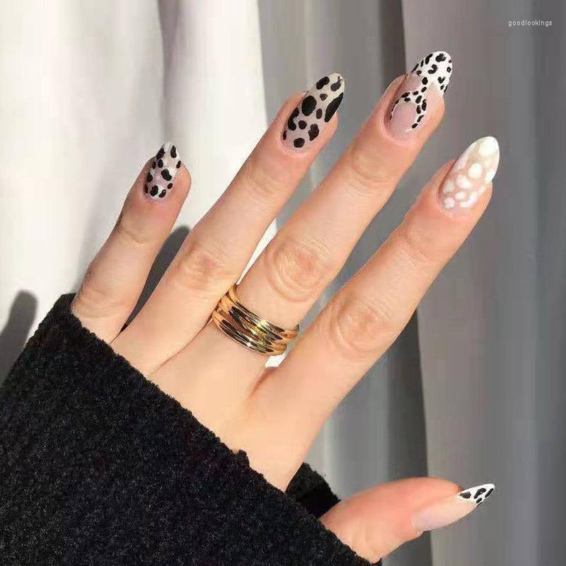 

False Nails Almond French Leopard Fake Long Wave White Black Press On Nail Ballerina Full Cover Women, O7