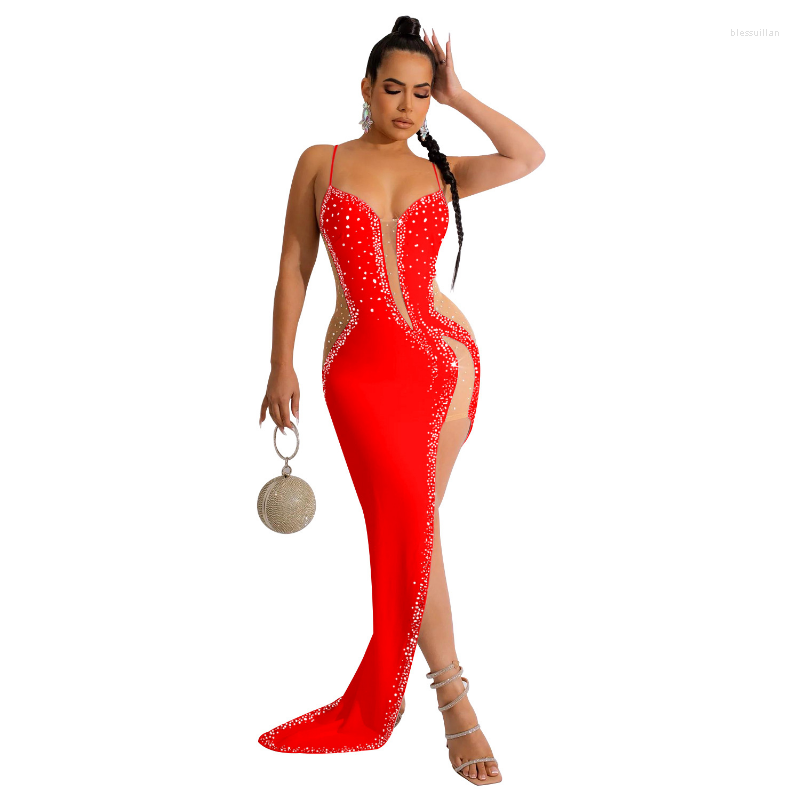 

Casual Dresses Mesh Patchwork Diamonds Maxi Party Dress Women Sexy Spaghetti Straps Backless Side Split Bodycon Evening Gown Long Robe, Black