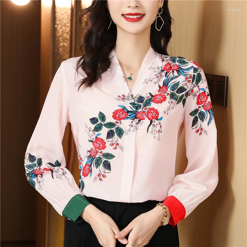 

Women' Blouses Women Floral Satin Silk Shirt Blouse Spring Summer V Neck Long Sleeve Elegant OL Office Ladies Work Casual Tops Clothes, As photo