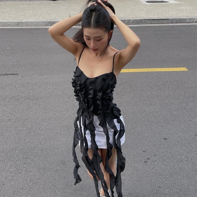 

Casual Dresses Ruffles Tassel Women Camisole Crop Top 2023 Spring Summer Solid Spaghetti Straps Fashion Streetwear Female Clubwear, Black