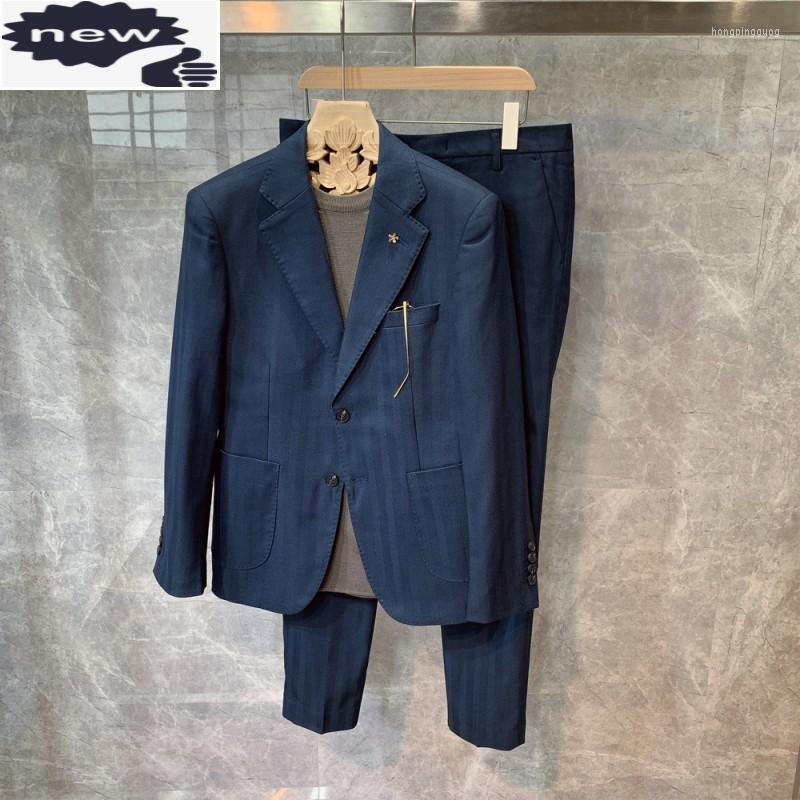 

Men's Suits British Smart Casual Striped Suit Set Mens Korean Fashion Slim Fit Designer Business Matching Sets Blazer Jacket Pantsuit, Blue