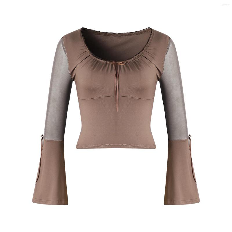 

Women' T Shirts Women Long Sleeve Cropped Blouses Flared Mesh Patchwork Slim Fit Elegant Transparent Retro Spring Skinny Clothing Basic, Auburn