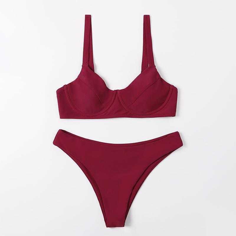 

Sexy Bikini With Steel Bracket Chest Pad Solid Color Sling Shoulder Split, Wine