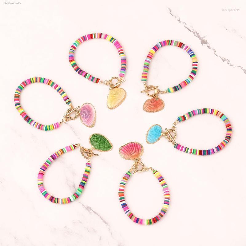 

Strand Beaded Strands Bohemian Style Colored Soft Clay Bracelet Multicolor Handmade Shell Pendant Creative Design Jewelry Ladies Accessorie