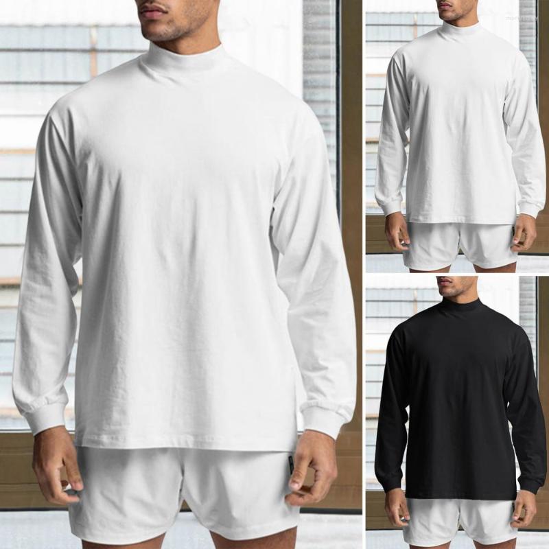 

Men's T Shirts High Collar Pullover T-shirt Long Sleeves Elastic Men Top Shrink Resistant Solid Color Loose Fit Fitness Daily Clothing, Black