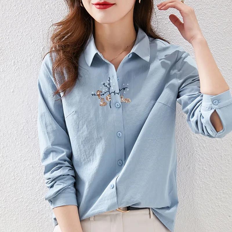 

Women' Blouses Ethnic Harajuku Embroidery Spring Cotton Women Casual Shirts Elegant Fashion Wild Long Sleeves Vintage Femme Loose Tops, Blue