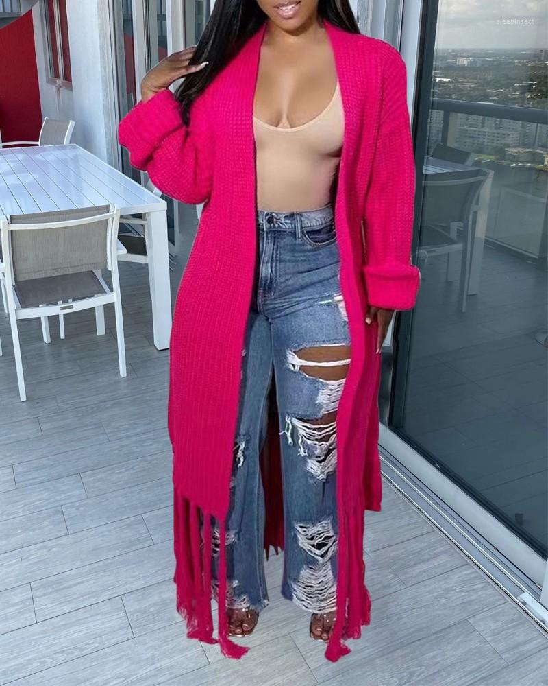 

Women' Knits Women Solid Color Loose Open Cardigan Tassel Trim Front Chunky Knit Longline Fashion Casual Knitwear Sweaters, Green