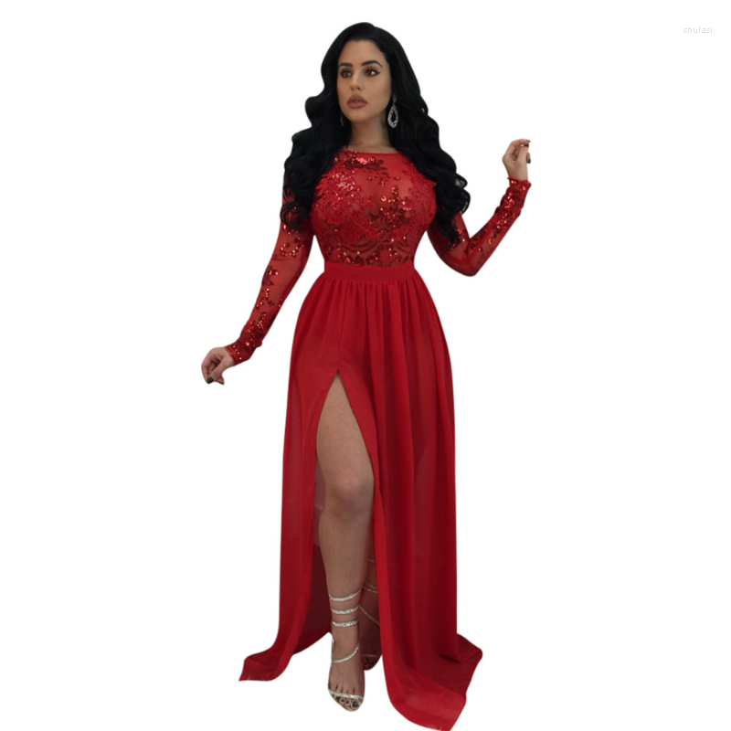 

Casual Dresses Lace Sequins Mesh Patchwork Women Sexy Maxi Evening Party Dress, Blue