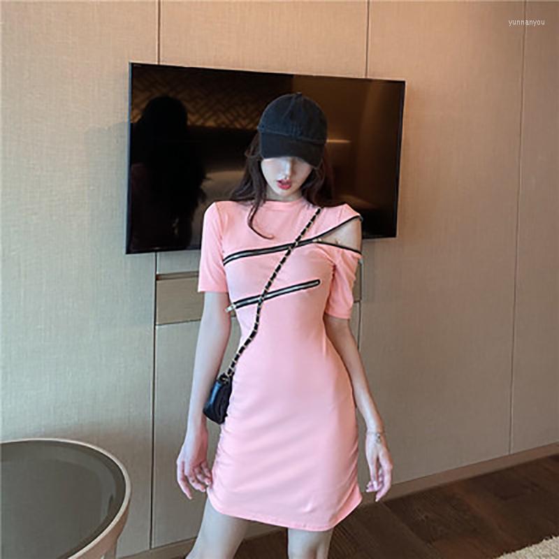 

Party Dresses 2023 Style Design Sense Slim Short Sleeve Zipper Fashion Summer Round Neck Dress Women Wrap Buttock, Black