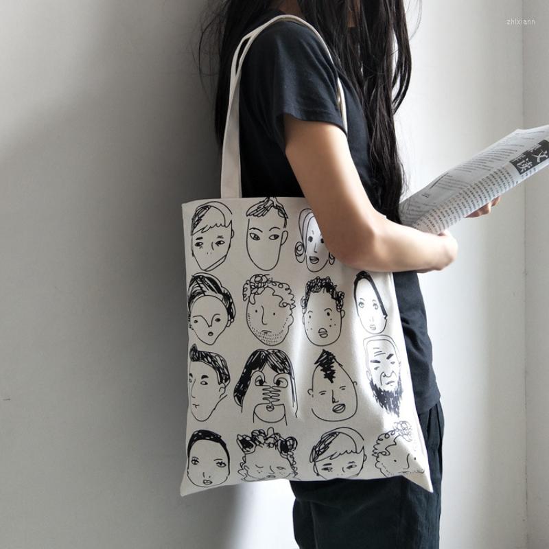 

Evening Bags Cartoon Printed Canvas Bag Large Capacity Portable Tote Art Graffiti One Shoulder Student Class Women's Shopper, White