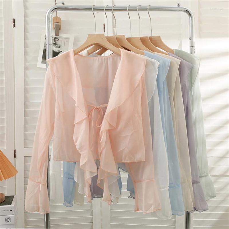 

Women's Jackets 2023 Summer Women Short Ruffles Chiffon Cardigan Blouses Female Bow Tie Long Sleeve Sun Protection Clothing Beach Shirt, Sky blue