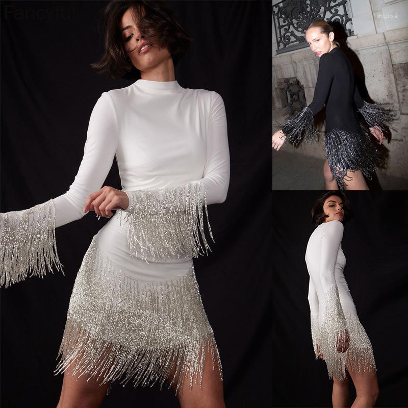 

Casual Dresses Women Party Sequins Tassel Bodycon Mini Dress Autumn Winter Long Sleeve Cuff Splicing Shinny Clubwear, Black