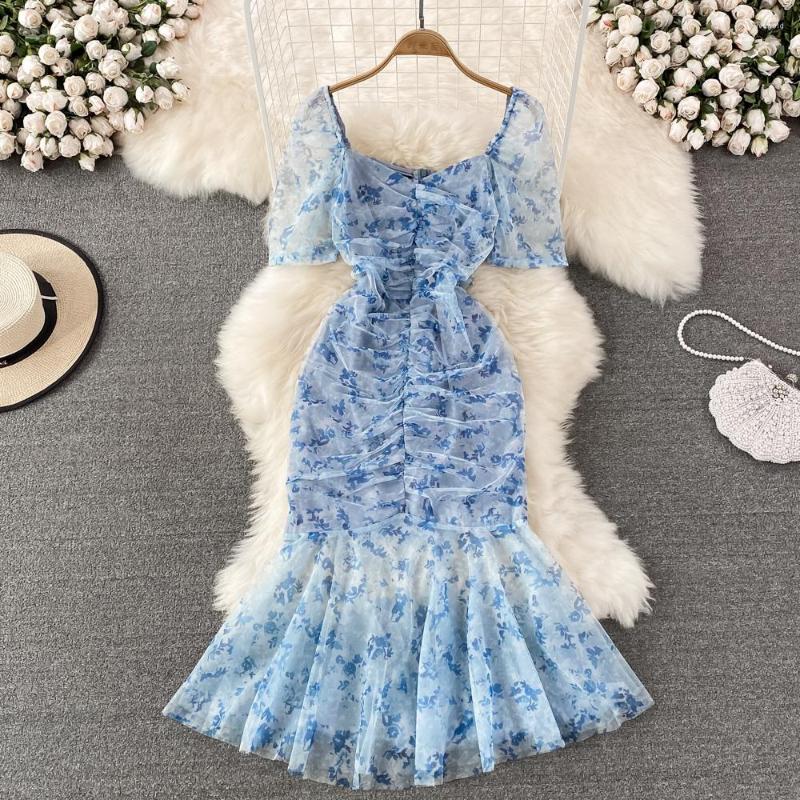 

Party Dresses Celebrity Style Square Collar Bubble Sleeve Slim Pleated Floral Fishtail Dress, Blue