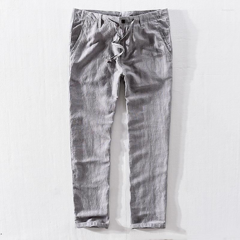 

Men's Pants Italy Linen Long Men Striped Elastic Waist Loose Trousers Mens Plus 40 Breathable Male Pantalones Broek, Navy blue