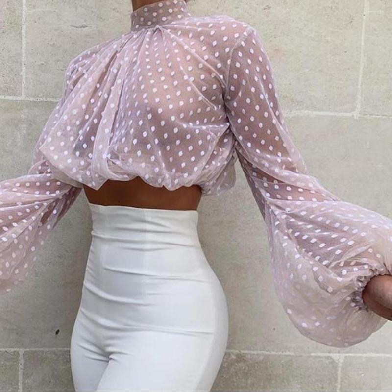 

Women' Blouses Spring Autumn Fashion Long Lantern Sleeve Turtleneck Polka Dotted See Through Transparent Office Lady Elegant Chiffon Blouse, Black