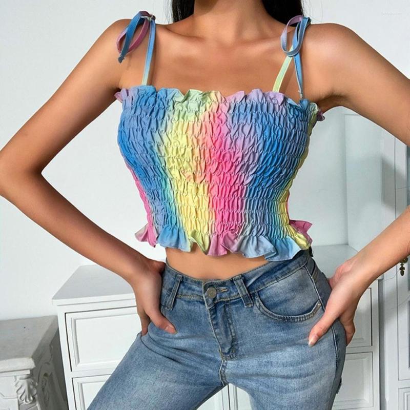 

Women' Tanks Simple Crop Top Sling Soft Women Colorful Pleated Vest, Multicolor