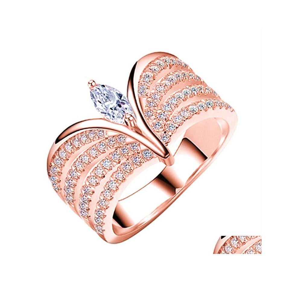 

With Side Stones Luxury Exquisite Crownshaped Rings Set For Women Elegant Rose Gold Crystal Zircon Ring Jewelry Couples Wedding Part Dhi2O