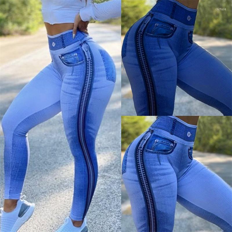 

Active Pants Women Print Imitation Denim Yoga Pant Sport Casual Jeans Leggings Girl Elastic Slim High Waist Tights Fitness Gym Clothing, Light blue