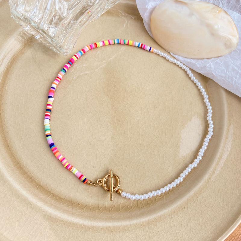 

Choker Chokers Colorful Soft Pottery Beads Splicing Chains Charm T-Bar Necklace For Women Bohemian Style Trendy Jewelry Accessories