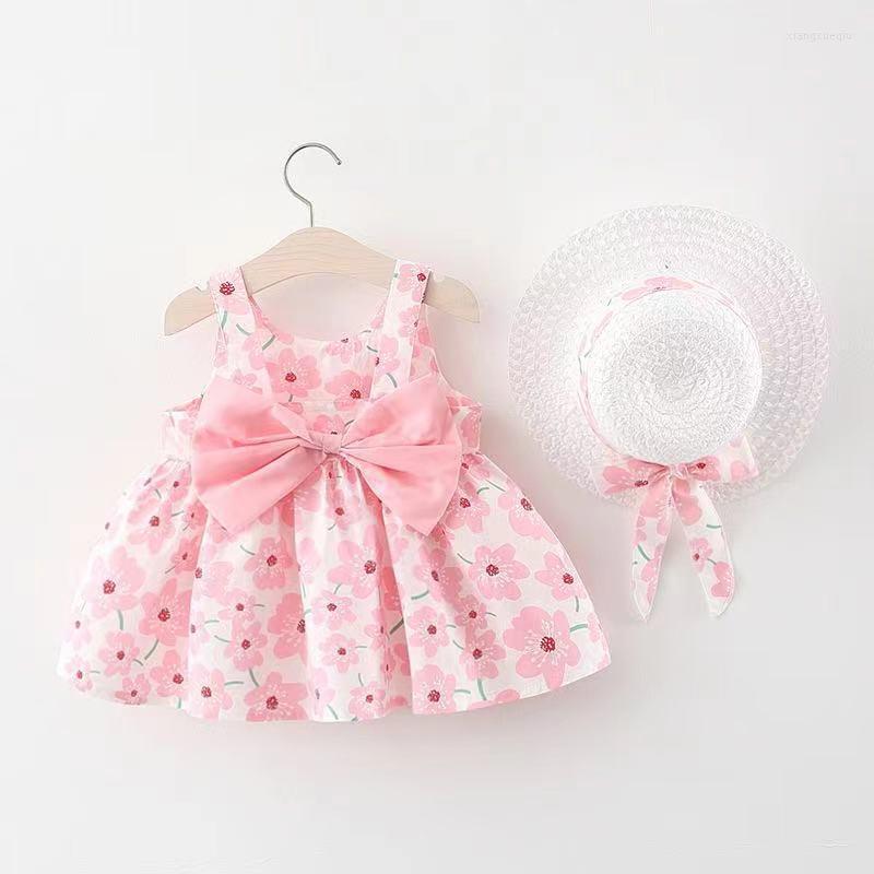 

Girl Dresses Pink Floral Princess Dress For Baby Clothing Infant Costume Lovely Bow Sunhat 2piece Set Kids Toddler Summer Clothes, P3