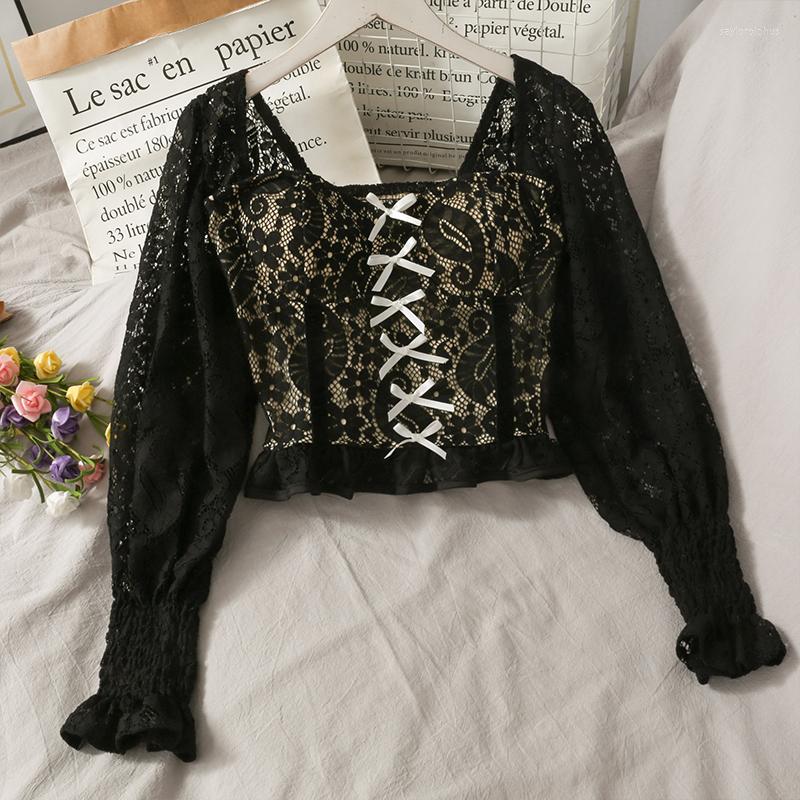 

Women's Blouses GLAUKE 2023 Lace Blusas Square Collar Cropped Tops Long Sleeve Tank Top Women Built In Bra Women's Slim Corset Casual, Black