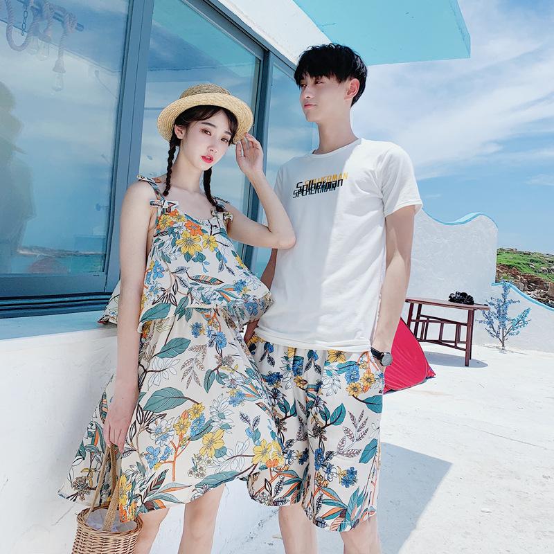 

Casual Dresses Lover Set Summer Couple Beach Cloth Woman Dress Men' T-Shirt Shorts Seaside Holiday Style Spaghetti Srap Floral Min Dres, Male