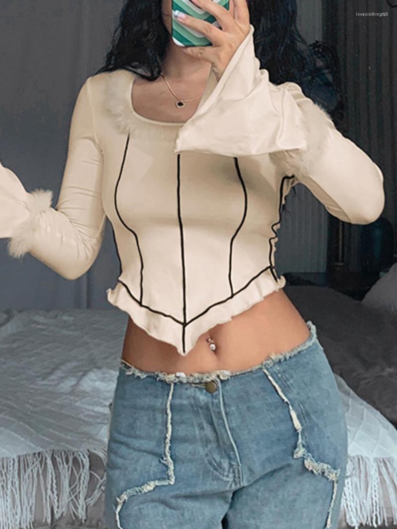 

Women' T Shirts Fashion Female Pullover Contrast Color Round Neck Long Flare Sleeve Irregular Crop Tops Spring Outfit Club Street Style  M