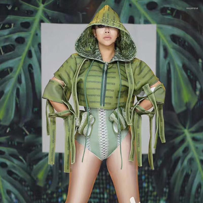

Stage Wear Women Green Military Uniform Costume Spandex Leotard Jacket Nightclub Outfit Singer Dance Prom Bodysuit Set, Picture shown