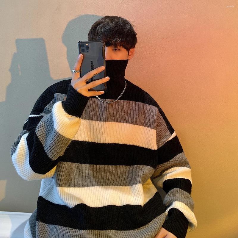 

Men's Sweaters Legible Striped Turtleneck Men Autumn Winter Loose Warm Oversized Knitted Pullovers Man, Brown