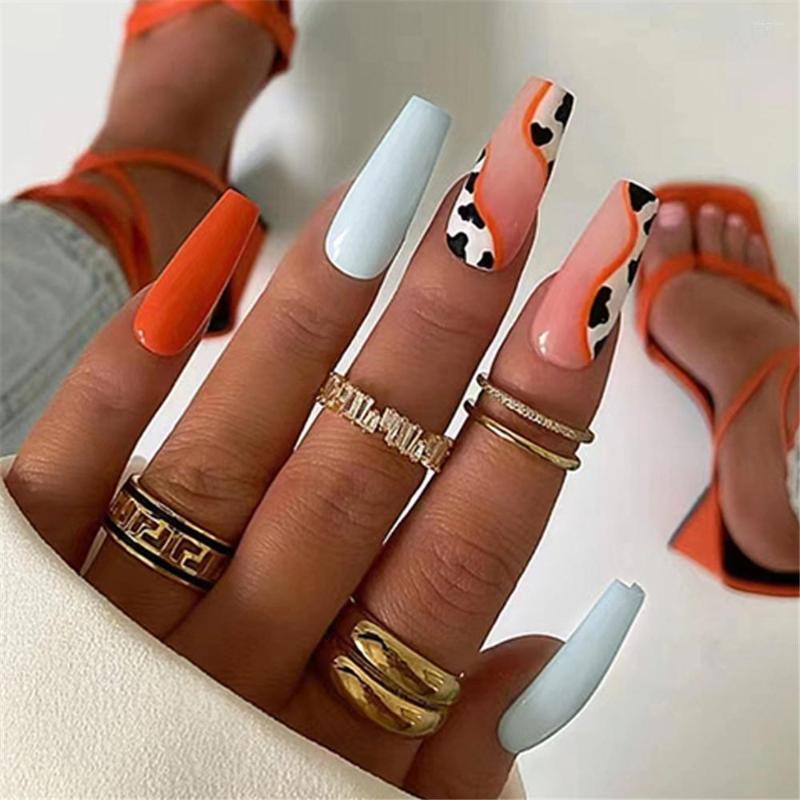 

False Nails 24Pcs/set Long Ballerina With Design French Coffin Nail Tips Press On Detachable Cow Pattern Fake, 01